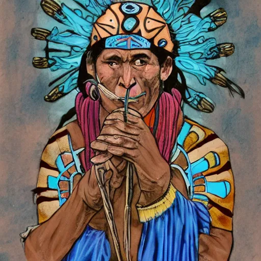 Image similar to a shaman playing a bone flute, a female air elemental coming out of the other end of a flute