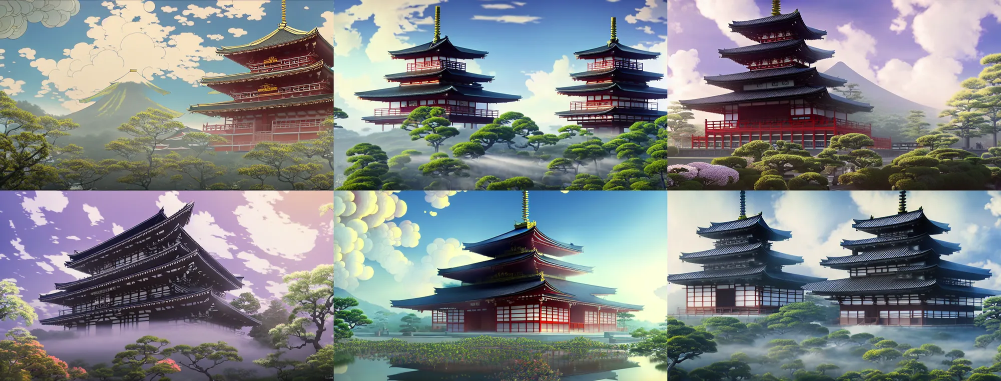 Prompt: misty clouds, japanese buddhist temple. hyper detailed, architectural concept, full building, dynamic angle, intricate, lineart, cerpuscular rays, lily flowers. by yoshitaka amano, alfons mucha and makoto shinkai. 8 k
