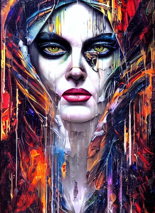 Image similar to incredible magic cult psychic woman, symmetrical painted face, third eye, energetic consciousness psychedelic, epic surrealism expressionism symbolism, story telling, iconic, dark robed, oil painting, layers on layers on layers, dark myth mythos, by Sandra Chevrier , Bruce Pennington, masterpiece