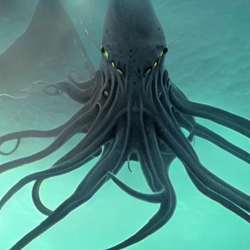 Image similar to bigfin squid, eldritch horror monster, ominous underwater environment, dark souls, terrifying