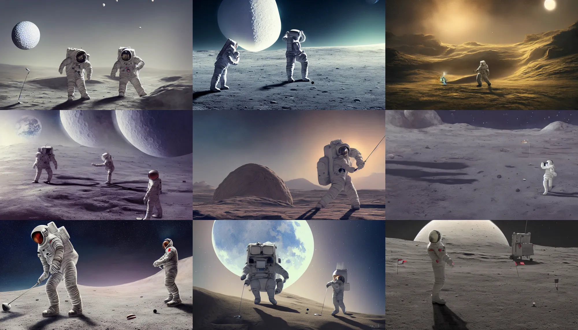 Prompt: beautiful painting of astronaut playin golf on moon, wide shot, digital painting, intricate details, trending on artstation, concept art, octane render, realistic, highly detailed, smooth, sharp focus, beautiful, 4 k, 8 k, hd, art by charlie bowater and artgerm and greg rutkowski