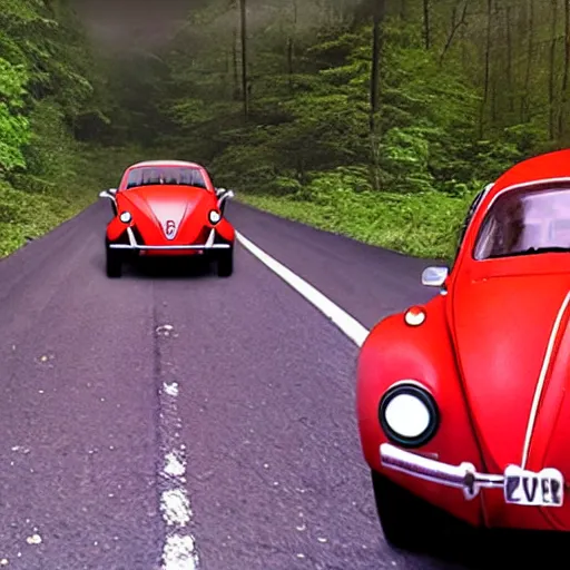 Prompt: promotional murder - mystery movie scene of a ( volkswagen beatle ) and ladybug hybrid. a ( volkswagen beatle ) merged into a ladybug. the hybrid is racing down a dusty back - road in smokey mountains tennessee. cinematic, 4 k, imax, 7 0 mm