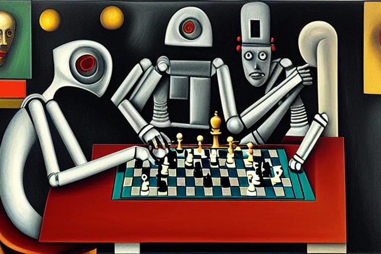 Image similar to portrait of a robot playing chess, highly detailed, painting by otto dix, 8 k