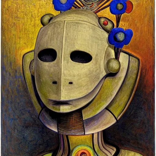 Image similar to portrait of a robot wearing a facemask made of flowers, by annie swynnerton and jean delville and rufino tamayo and edward hopper and evelyn de morgan, art deco flower shaman, art brut, outsider art, symbolist, dramatic lighting, god rays, elaborate geometric ornament, clean crisp graphics, smooth sharp focus, extremely detailed, adolf wolfli