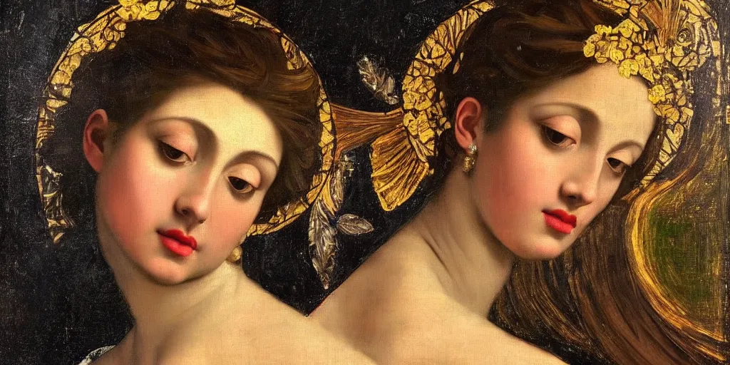 Image similar to a portrait of a very beautiful goddess with a halo behind her head, seductively looking in front, closeup, beautiful aesthetic face, in the style of Caravaggio and Vermeer and Gustav Klimt, realistic, dark, dramatic lighting, large flowers in the background