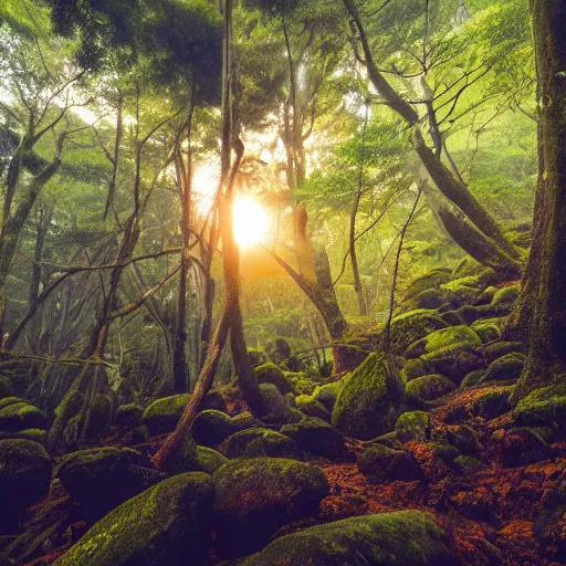 Prompt: photo of Yakushima Forest Eerie Japan golden hour