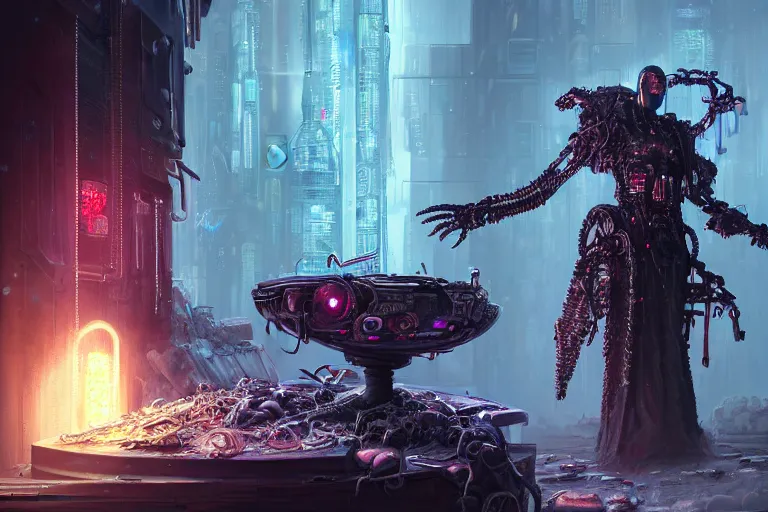 Image similar to ultra realistic illustration, a futuristic cyberpunk damaged necromancer cyborg wearing a cloak working on creating magical potions in an underground lair, hot potions in vials in background, rotting creatures on the shelf, cyberpunk, sci - fi, fantasy, intricate, elegant, highly detailed, digital painting, artstation, concept art, sharp focus, art wadim kashin