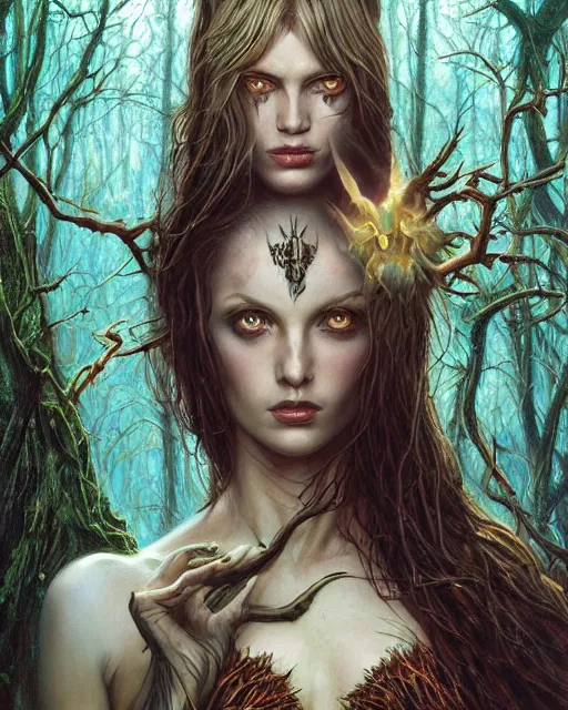 Image similar to a highly detailed airbrush painting of an evil female fantasy sorceress with piercing beautiful eyes standing on a forest meadow, dead trees, night, art by karol bak and donato giancola and mark brooks, centered, full size, hires, 4 k, high resolution, sharp focus