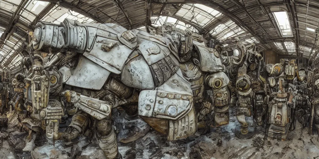 Image similar to wide angle panorama shot photo taken of an epic intricate, ultra detailed, super realistic gritty, hero prop, exquisitely weathered very clunky, bulky fallout 5 power armour suits movie prop replica's in a row in the workshop, created by weta workshop, full body shot, photorealistic, sharp focus, white wall, cold colour temperture