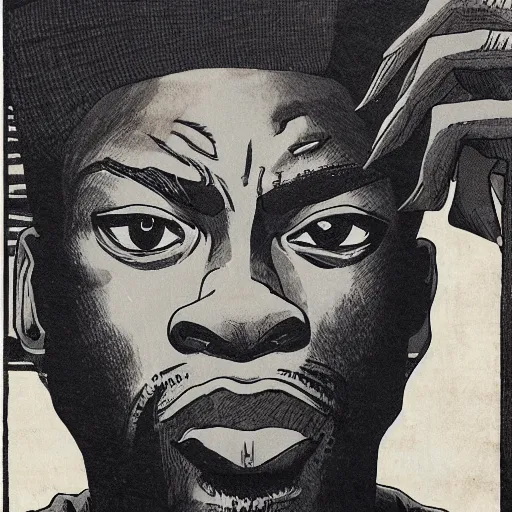 Image similar to GZA rapping, portrait, style of ancient text, hokusai