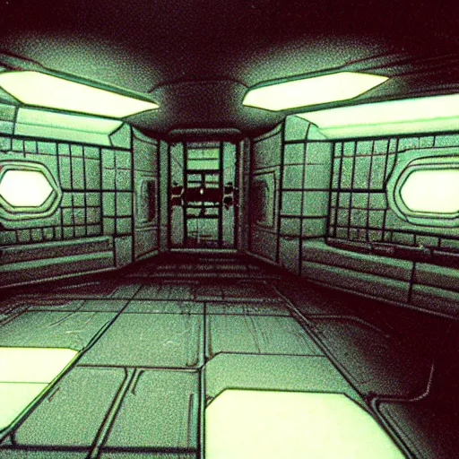 Prompt: Interior of a abandoned spaceship from the computer game System Shock 2 (1999), trending on artstation, realistic lighting, realistic reflections