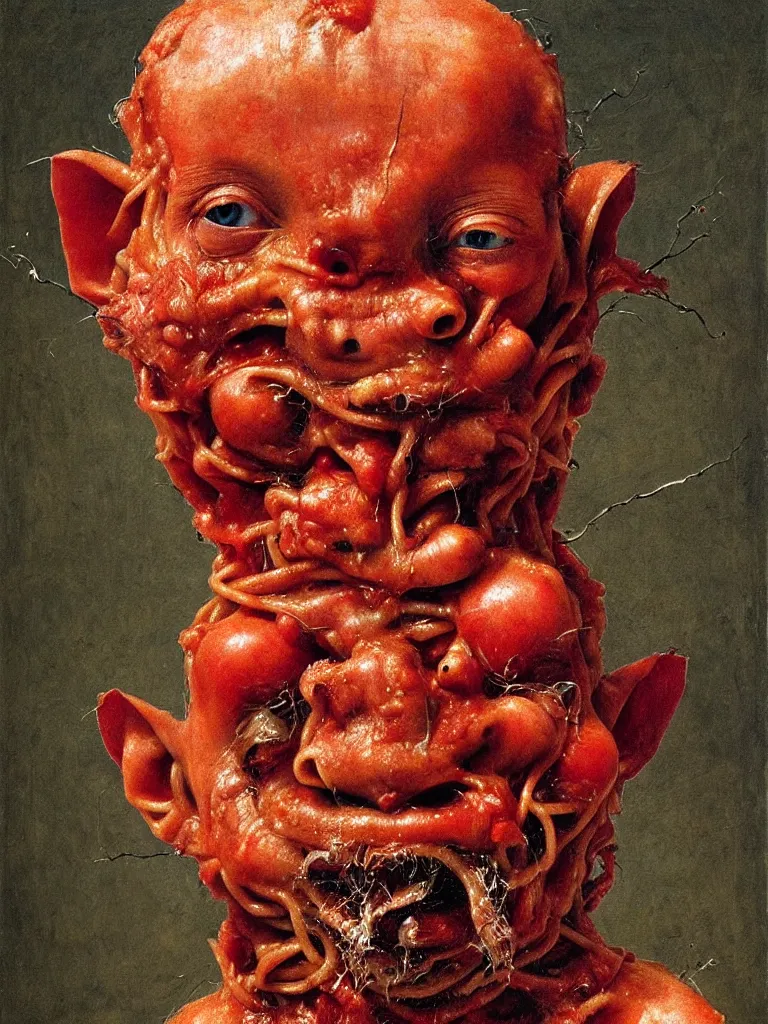 Image similar to half boy half rhino made of spaghetti and tomato sauce, looking straight into camera, screaming in pain, by giuseppe arcimboldo and ambrosius benson, renaissance, fruit, intricate and intense oil paint, a touch of beksinski and hr giger and edward munch, realistic