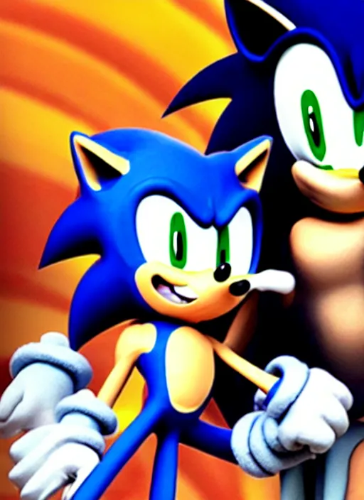 Image similar to sonic the hedgehog and jotaro kujo from jojo's bizarre adventure hanging out