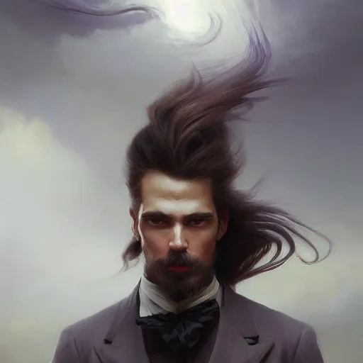 Image similar to cinematic shot epic portrait an fancy man in a suit with long flowing hair, sweaty skin, broad light, ambient occlusion, volumetric light effect, made by ivan aivazovsky, peter mohrbacher, greg rutkowski, matte painting, trending on artstation, 4 k, perfectly defined features, digital painting, cinematic, epic, highly detailed,