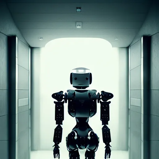 Prompt: ultra realist and ultra intricate detailed soft painting of an armored humanoid robot, walking down a futuristic hallway, sensual gloomy style, volumetric clouds, artstation, unreal render, low angle