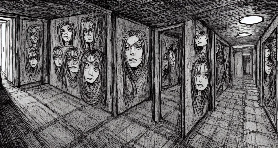 Image similar to a room with walls made from human faces, by junji ito and david lapham, hand drawn art, comic book, anime concept art, gritty, body horror, moody colors, trending on artstation, ultra high detail, focused