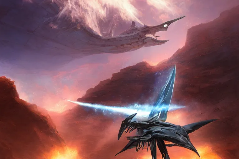 Prompt: ultra realistic cinematic lighting, lifelike, amazing detail, trending on art station, a pteranodon mecha fighter zooms through the dark primordial maelstrom void of an HR Giger a painted desert valley, contrails of smoke, nebula and cosmic sky, cinematic lighting, engines blazing robotech mecha styling by Jessica Rossier and John Berkey, cinematic, realistic