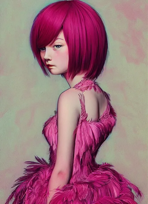 Prompt: beautiful teen girl with an eccentric pink haircut wearing an dress made of feathers, artwork made by ilya kuvshinov, inspired in donato giancola