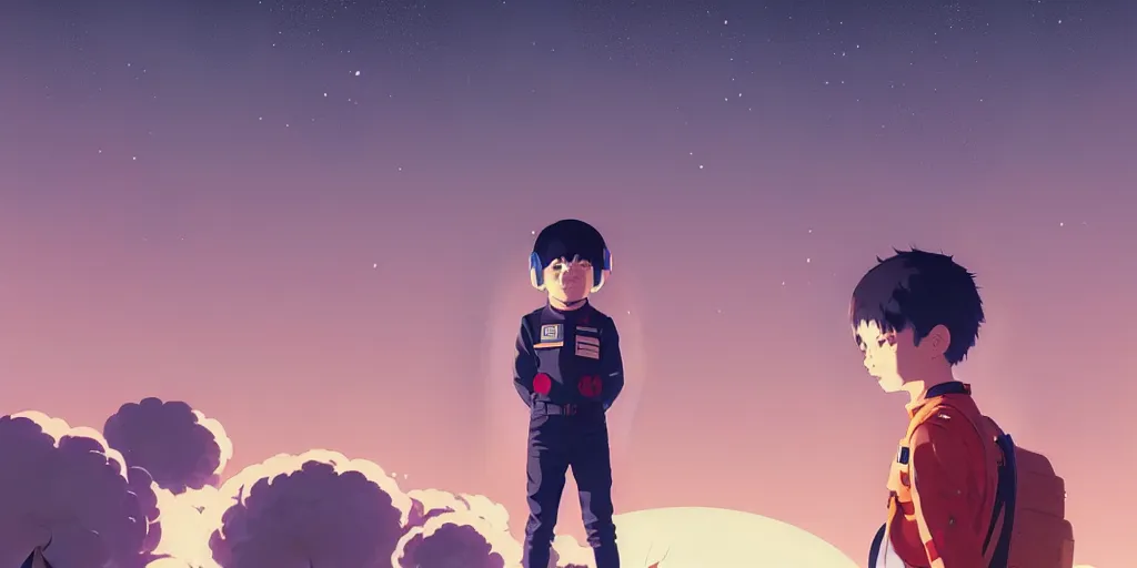 Image similar to portrait of a smiling boy with astronaut helmets by ilya kuvshinov, cloudy sky background lush landscape ln illustration concept art anime key visual trending pixiv by victo ngai fanbox by greg rutkowski makoto shinkai takashi takeuchi studio ghibli