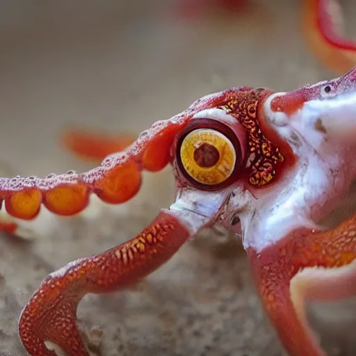 Image similar to fiery whimsical emotional eyes cephalopod, in a photorealistic macro photograph with shallow dof, in the deepest seas of the unconscious psyche