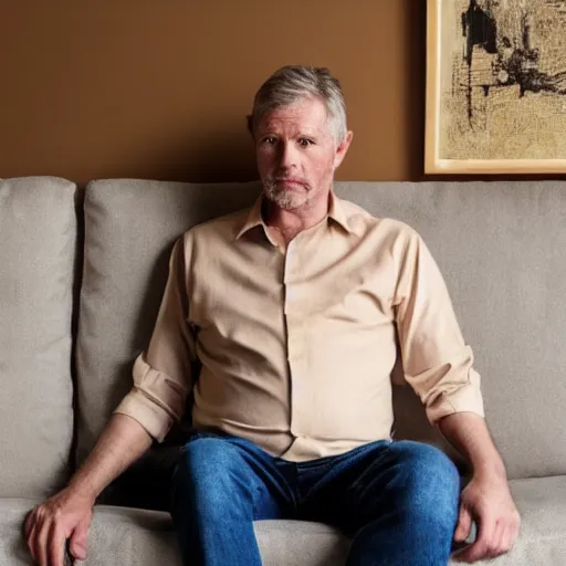 Image similar to full body photo of steve, mature male, mysterious face. he is sitting gracefully on a sofa, elegant slim beige shirt, tight shirt, bear belly