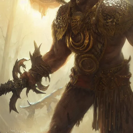 Prompt: forest barbarian, great king of stovokor, wields his sword in battle against enemies in golden masks, epic battle scene by jaime jones, artgerm, sergeant, brad rigney, artstation, masterpiece, high detail, wide camera angle