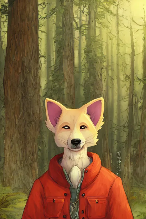 Image similar to stylized close up character portrait icon of the anthro anthropomorphic jindo dog trader head animal person fursona wearing clothes standing in the bright forest, hidari, color page, tankoban, 4 k, tone mapping, akihiko yoshida