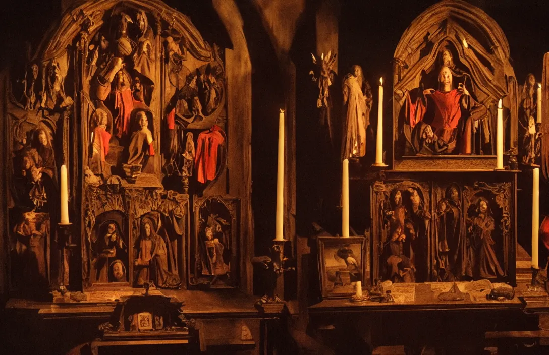 Prompt: altarpiece intact flawless ambrotype from 4 k criterion collection remastered cinematography gory horror film, ominous lighting, evil theme wow photo realistic postprocessing ambrotype there is no sense of movement jan van der heyden directed by kurosawa