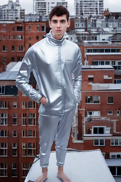 Image similar to un ultra high definition studio quality photographic art portrait of a young man standing on the rooftop of a british apartment building wearing soft padded silver pearlescent clothing. three point light. extremely detailed. golden ratio, ray tracing, volumetric light, shallow depth of field. set dressed.