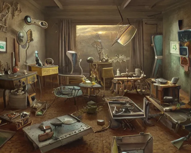 Image similar to a painting of a confusing room filled with unusual artifacts, an airbrush painting by breyten breytenbach, cgsociety!, neo - primitivism