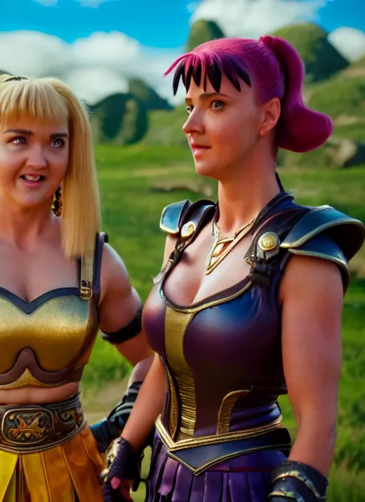 Prompt: a tv still of xena and princess peach, soft surface texture, photo, soft sun lights, 4 k, high detailed photography result, 5 0 mm lens, rich deep colors, smooth gradients, depth of field, cinematic, hyper realism, high detail, octane render, unreal engine 5, 8 k, vibrant colors