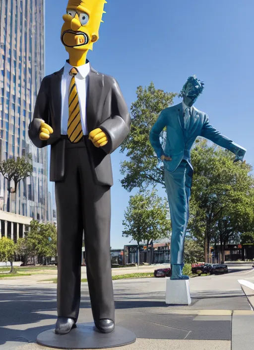 Prompt: bart simpson in business suit, statue standing on street