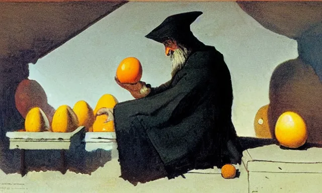 Prompt: Pensive Wizard examines eggs with calipers, by Homer Winslow