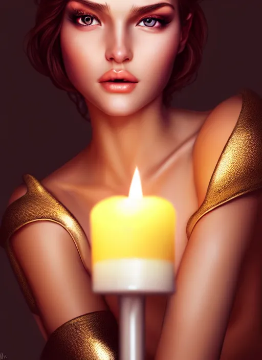 Image similar to a gorgeous female photo, professionally retouched, soft lighting, wearing shiny plastic armor, holding a candle, realistic, smooth face, perfect eyes, wide angle, sharp focus on eyes, 8 k high definition, insanely detailed, intricate, elegant, art by artgerm and wlop