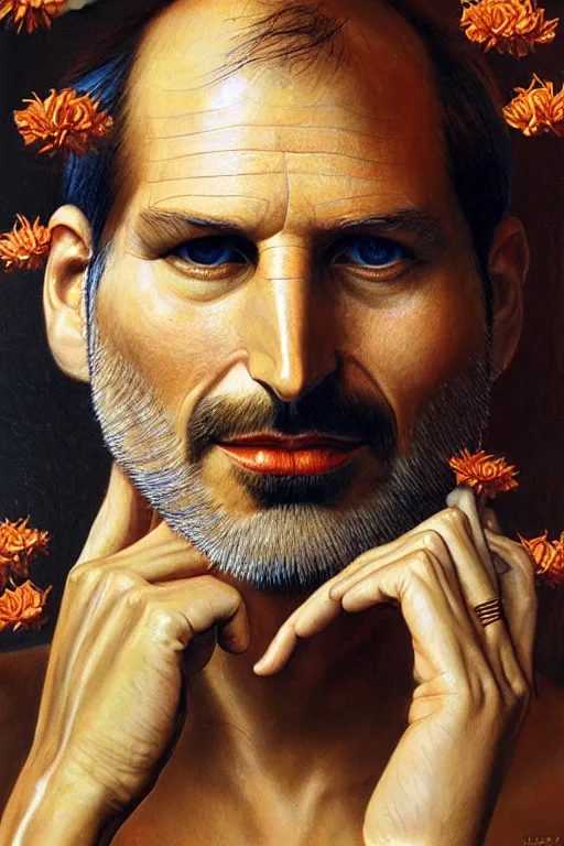 Prompt: hyper realistic portrait painting of steve jobs ( intrincate detail, golden ornaments, feathers ) wet, flowers, by godward, gustav moreau, saturno butto, boris vallejo, austin osman spare and david kassan, by bussiere. occult art, occult diagram, turquoise and orange color scheme.