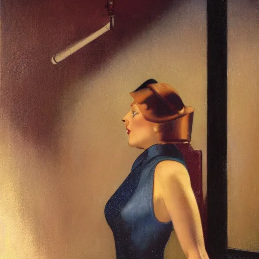 Image similar to oil painting of realistic woman, 1 9 3 0 s decopunk penthouse pleasure factory, rain and smoke, dramatic lighting, tech noir, wet skin, atmospheric, ambient, rupert everton, wlop, george tooker, gil elvgren, grant wood, alexis flower, hopper, mucha, whistler, norman rockwell, peter max, livia prima,