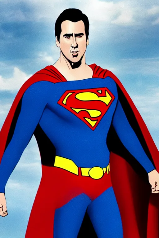 Prompt: nicholas cage as superman, live action, superhero movie, dramatic