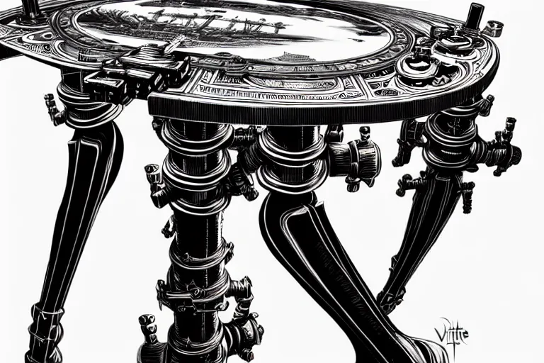 Prompt: a majestic steampunk table legs, high details, bold line art, by vincent di fate and joe fenton, inking, etching, screen print, masterpiece, trending on artstation, sharp, high contrast, hyper - detailed,, hd, 4 k, 8 k