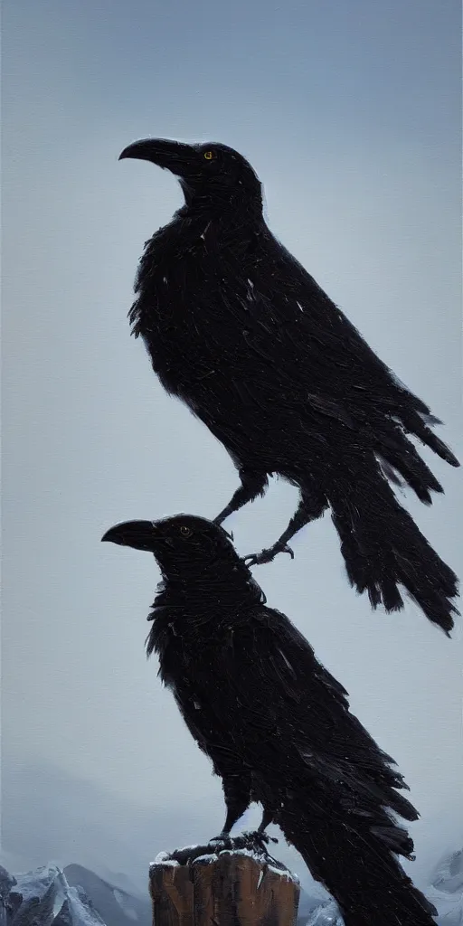 Prompt: an abstract oil painting of a crow on top of a dark winter mountain; hyper-detailed; an extraordinary masterpiece!!!; flawless; trending on artstation