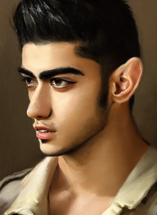 Image similar to head and shoulders portrait painting of young man who looks like zayn malik as an elf by jeremy mann, wearing leather napoleonic military style jacket, only one head single portrait, pointy ears, black background, soft top lighting, moody, shadowed