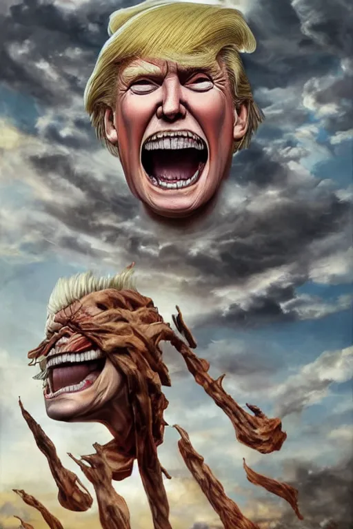 Prompt: Donald Trump as a Titan from Attack on Titan, oil on canvas, intricate, portrait, 8k highly professionally detailed, HDR, CGsociety