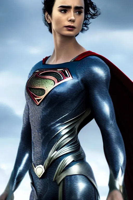 Image similar to a fancy close up of Man of Steel cast as Lily Collins, full body suit by Greg Rutkowski, Sung Choi, Mitchell Mohrhauser, Maciej Kuciara, Johnson Ting, Maxim Verehin, Peter Konig, 8k photorealistic, cinematic lighting, HD, high details, dramatic, trending on artstation, full body shot