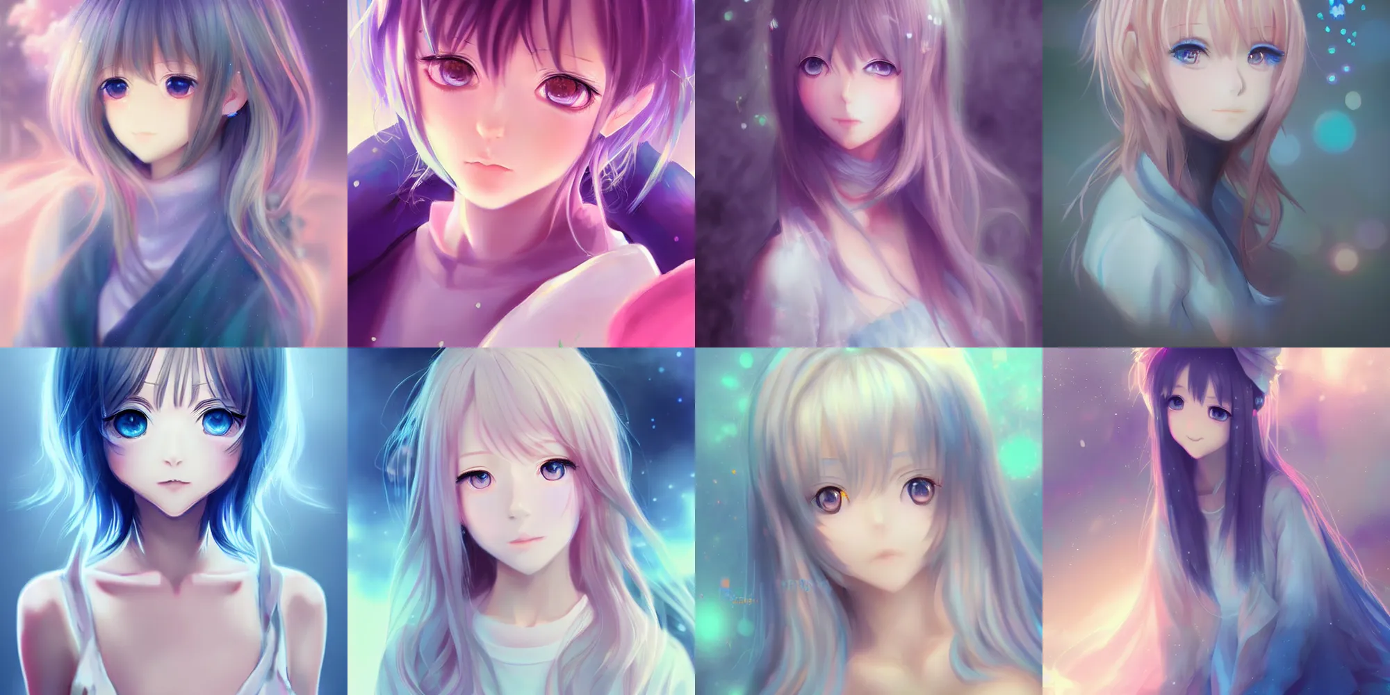 Prompt: anime girl, blue eyes, portrait in extremely cute realistic digital art style with bloom ethereal effects, trending on Artstation, pixiv, made by Tran Ross, WLOP, feminine in pastel shades