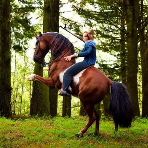 Image similar to cat riding a horse through a forest