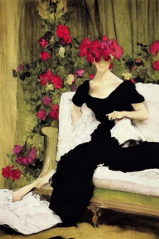 Image similar to black woman in a gown laying on couch, bloom flowers, modern, eclectic, illustration, by ramon casas