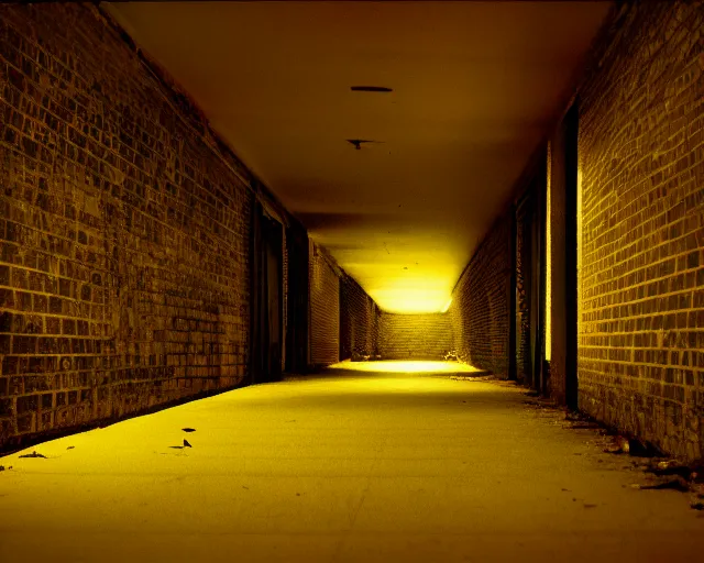 Prompt: dark abandoned hallway at night, bright eyes in shadows, letterboxing, widescreen, 40mm tape, technicolour film,