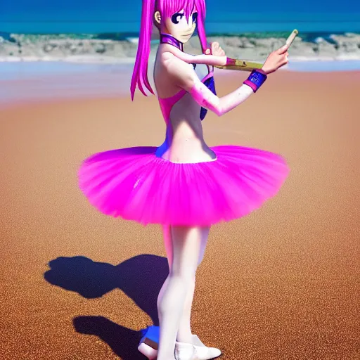 Image similar to hisoka wearing a pink tutu ballet dress with a shiny chrome sword in his hand while standing on a rainy beach with girls in colorfull bikini ‘ s in the back, anime style, 4 k, high detail, minimalistic,