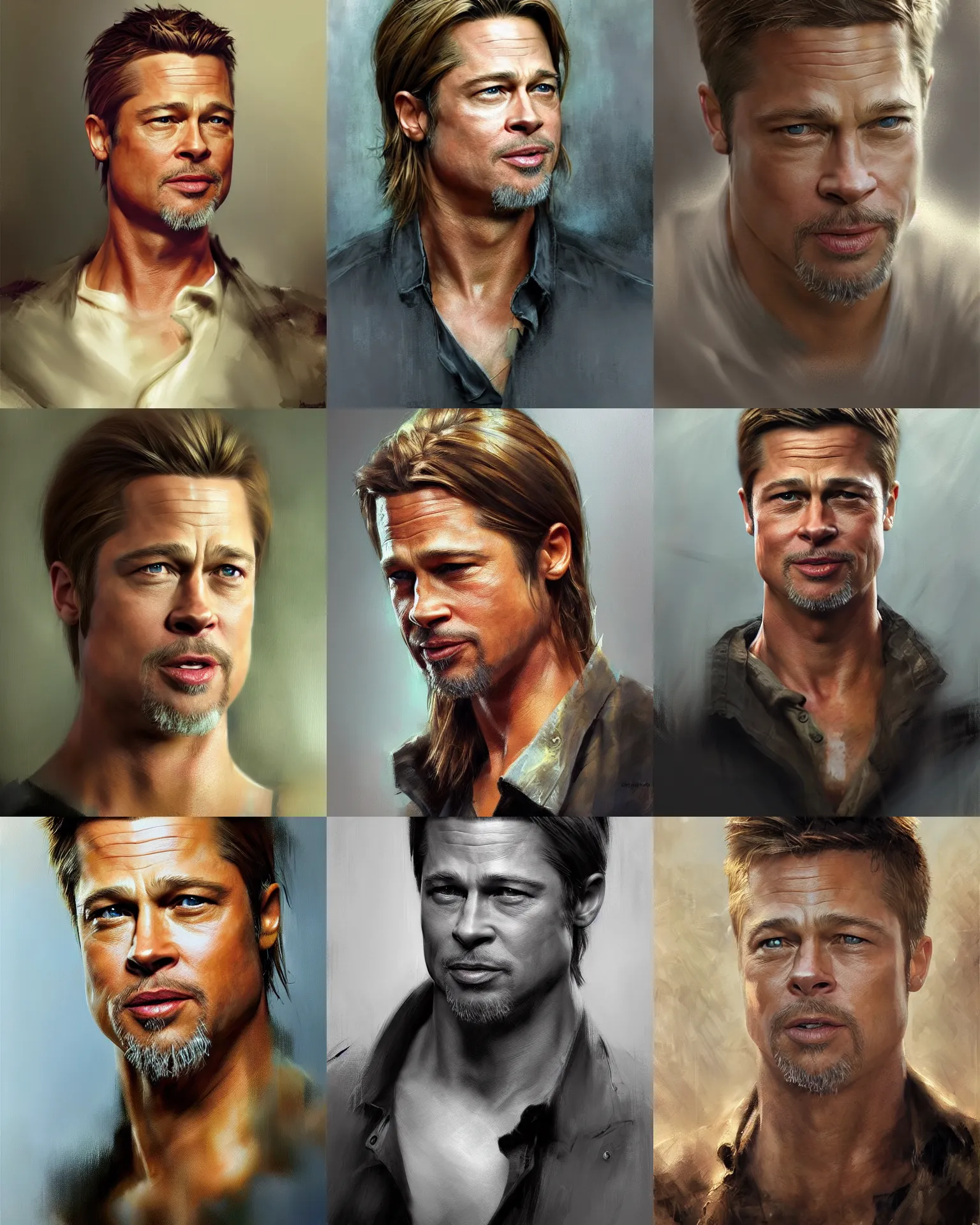 Prompt: Full view realistic portrait of actor brad pitt, masterpiece by Craig Mullins Artgerm in the style of Ruan Jia, wlop, Ross Tran, detailed and realistic, soft lighting, intricate details, realistic, full view, Artstation, CGsociety