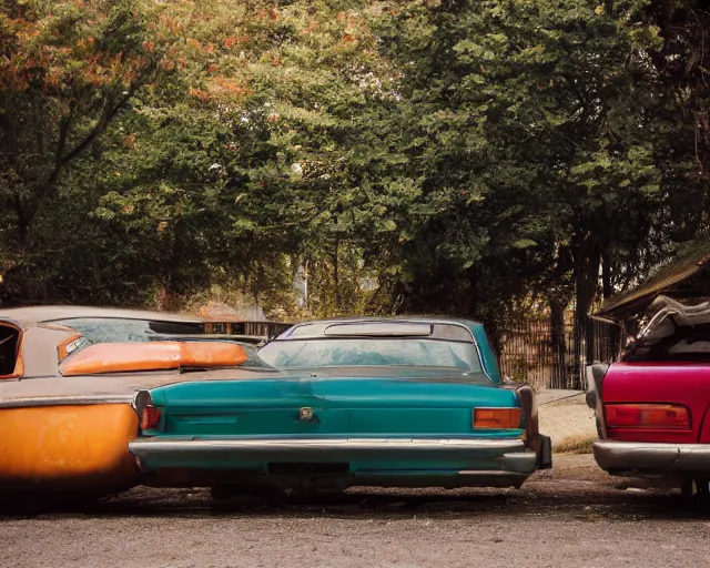 Prompt: beautiful minimalistic realistic color Fuji velvia photograph, abandoned cars park in a quiet alley by langdon clay, VSCO film grain