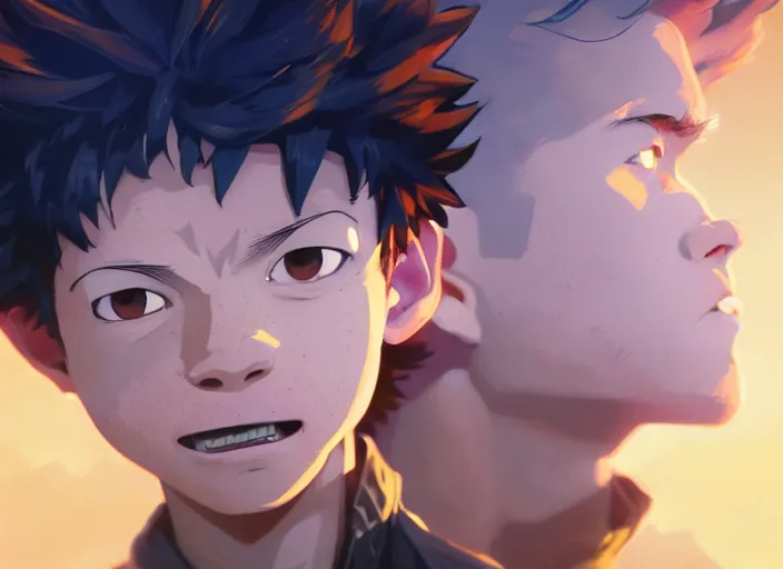 Image similar to highly detailed portrait of a boy with thunder powers, in my hero academia, stephen bliss, 8 k, unreal engine, fantasy art by greg rutkowski, loish, rhads, ferdinand knab, makoto shinkai and lois van baarle, ilya kuvshinov, rossdraws, tom bagshaw, global illumination, radiant light, detailed and intricate environment